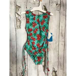Lete Girls One-Piece Swimsuit Pomegranate Print Turquoise Mint Size 6 NWT